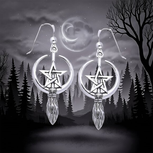 Crescent Moon Broom Pentacle Sterling Silver Earrings - Picture 1 of 2
